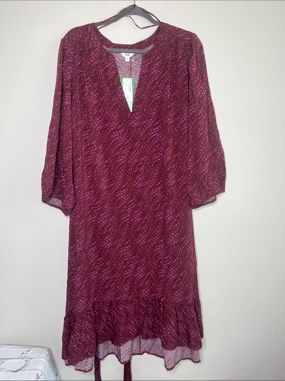 Penningtons Women's Burgundy Printed V-Neck Ruffle Hem Dress